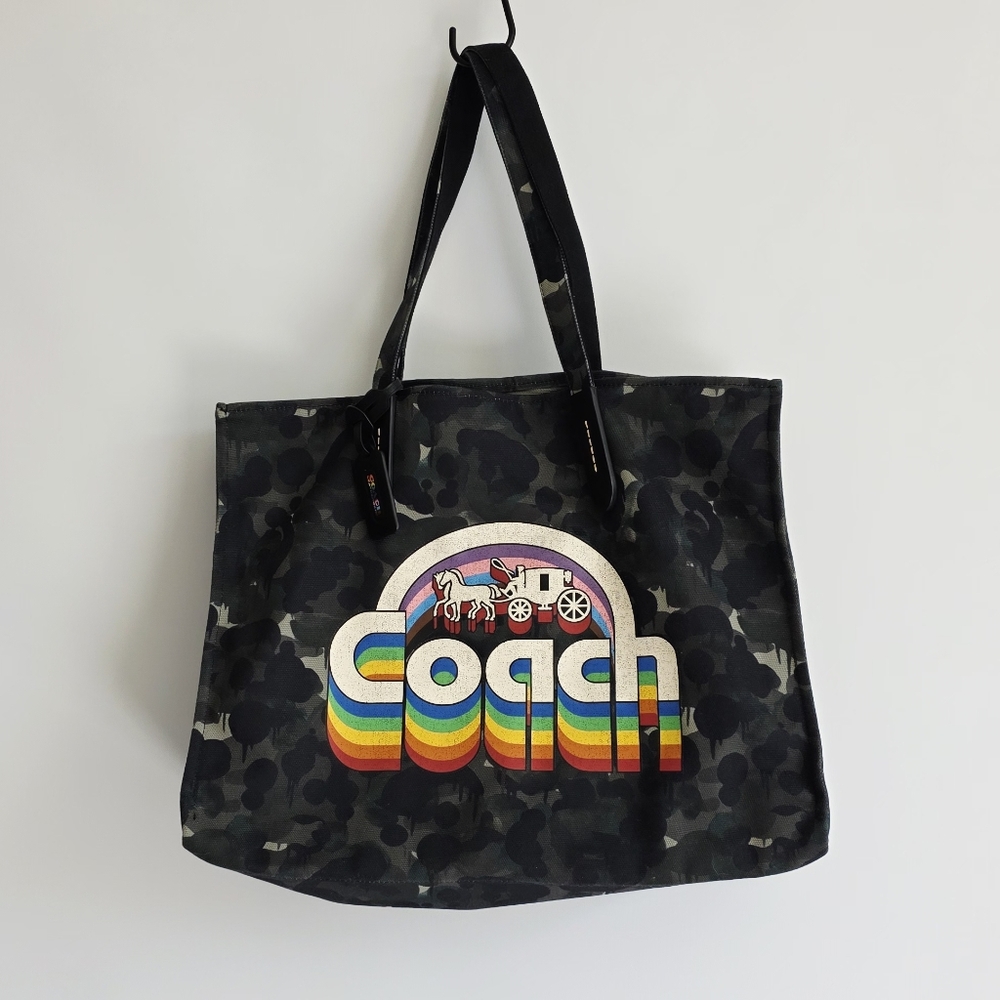 New Coach Recycled Canvas Tote 42 With Camo Print Rainbow Horse And Carriage Bag